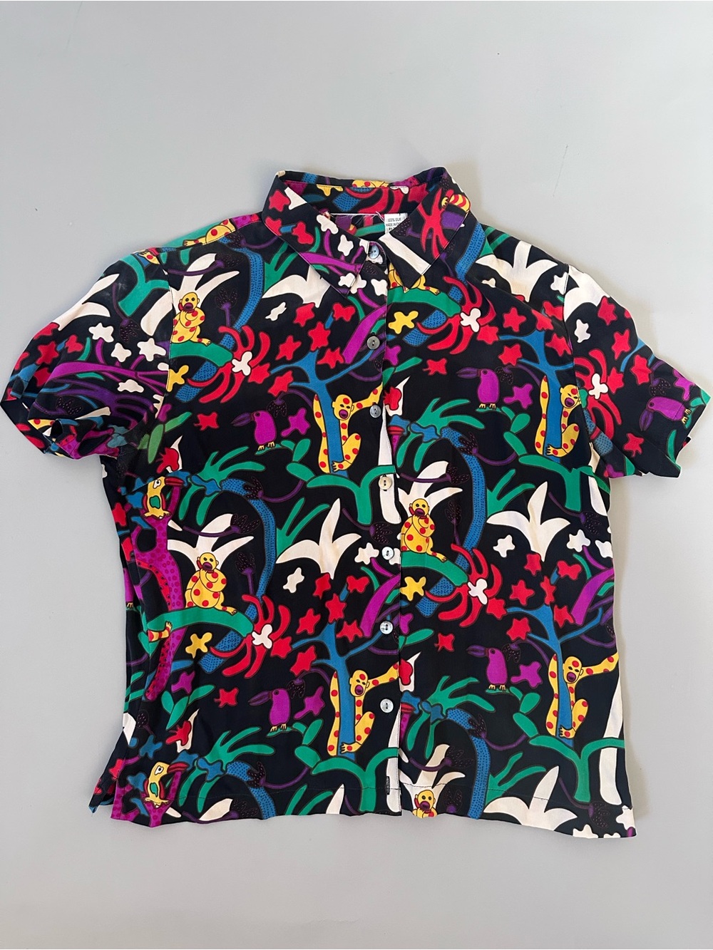 Vintage Silk Short-Sleeve Button-Up Multicolor Tropical Birds & Monkey Print